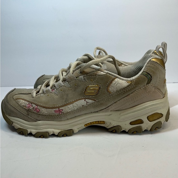 Skechers Sneakers Tan and Cream with Pink Flowers Trimmed in Gold Size 9 - Picture 7 of 13